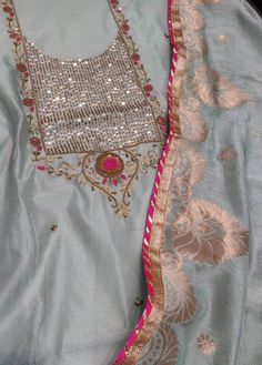 Item Overview ATHARVA Hand Embroidered Salwar Kameez w/Beautuful All Over Block Print & Hand Embroidery in Blue Chanderi/Elegant Banarsi Silk Dupatta Dno. CH1261 Fabric:  * Shirt Chanderi 2.5 Mts, Block Print, All over Embroidery in Sky Blue * Dupatta: Banarsi Silk Dupatta 2.5 Mts. * Bottom Santoon Silk 2.5 Mts. Excusive Hand Embroidered Party Wear Punjabi Suit. Customization: * Fabrics Customization: Designs Can be made in different Fabrics. * Color Customization: Designs Can be made in differe Sequin Kurti, Breakfast Kids, Embroidered Salwar, All Over Embroidery, Ladies Suit, Embroidery Bracelets, Kurti Neck, Embroidery Tshirt, Pakistani Fancy Dresses