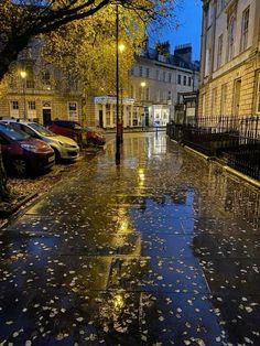 a wet street with parked cars on it at night