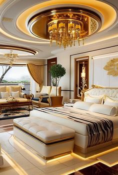 a luxurious bedroom with white furniture and gold accents on the ceiling, along with chandelier