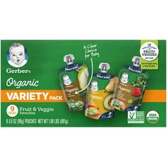 two bottles of organic variety pack with fruit and veggies on the front,