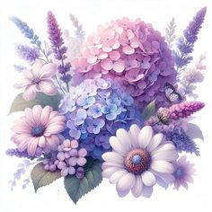 a bunch of flowers that are on a white surface with watercolor paint and pastel colors