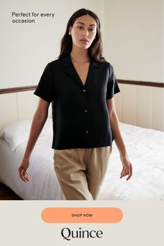 A year-round linen short-sleeve shirt? Yes, please. This button down linen shirt has a collar for an elevated look, is lightweight and made from organic materials. Its airy construction makes it perfect for basically occassion. Especially with the matching linen pants.  | Quince | Women's Short Sleeve Shirt in Black, Size XS, Linen Short Sleeve Shirt Women, Fabric Structure, Natural Textiles, Linen Short, Linen Blouse, European Linens, Linen Pants, Short Sleeve Blouse, Linen Clothes