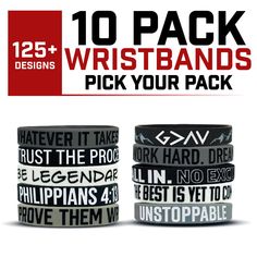 10 PACK WRISTBANDS - BEST SELLER! Choose any 10 Wristbands from our 125+ options available! You'll pick your wristband design and then select your size for each wristband. We offer 3 sizes: Youth 7", Standard 8" or XL 9". With over 1,000,000 Wristbands sold since 2014, it's safe to say our wristbands are a best seller and an EAG staple! Our wristbands designed to help inspire, encourage and remind you to keep pushing towards your goals. DURABLE: Made of high quality silicone with debossed letter Wristband Design, Compression Arm Sleeves, Taper Design, Good Prayers, Athletic Gear, Keep Pushing, Wrist Support, Wristbands, Gift Card Shop