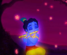 an animated image of a man playing flute in front of a purple background with lights