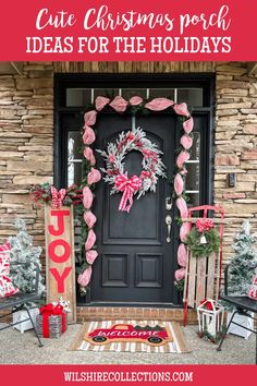 a christmas porch decorated for the holiday season with red and white decorations, wreaths and presents