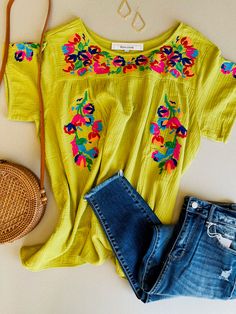 Spring into color with this gorgeous embroidered lime top! Perfect for beach vacations or lunch with your best friend! Style it with jeans, denim shorts or white denim for the ultimate spring look. Lime embroidered top Colorful floral mix Flowy fit Round Neckline Fits true to size Embroidered Outfits, Southwestern Outfits, Spring Look, Beach Vacations, Embroidered Clothes, Spring Looks, Affordable Clothes, Embroidered Top, White Denim