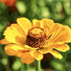 a painting of a yellow flower with green leaves in the background and blurry image