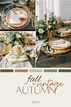 an autumn table setting with gold, green and white accents is featured in the article fall vintage autumn