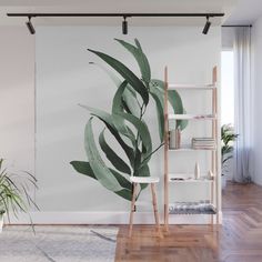 a large green leafy plant on a white wall mural