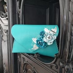 Teal clutch purse, Teal purse with roses, Wedding purse, Leather gift for her, Teal roses bag, Best gift for her, Leather anniversary bag Handmade Turquoise Bags Perfect For Gifts, Handmade Turquoise Bag For Gift, Handmade Turquoise Bags For Gifts, Embroidered Leather Evening Bag, Elegant Turquoise Bag For Gift, Turquoise Leather Bag With Removable Pouch, Green Leather Clutch With Detachable Handle, Elegant Leather Clutch With Hand Tooled Details, Teal Roses