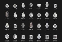 an assortment of diamond shapes and sizes on a black background with the names of each type