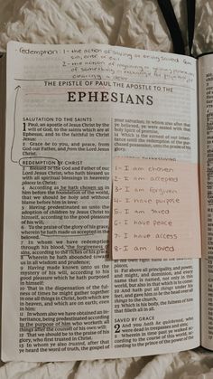 an open bible with the word ephesians written on it