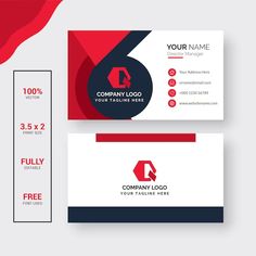 two business cards with red and blue shapes on the front, one has a logo