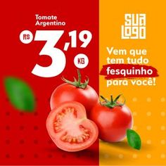 an advertisement with tomatoes and green leaves on the side, in red and yellow colors