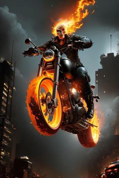 a man riding on the back of a motorcycle with flames coming out of its tires