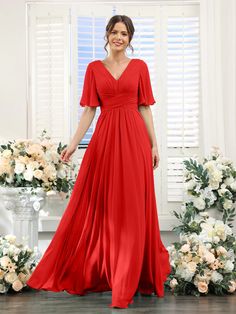 A-Line V-Neck Half Sleeves Split Side Chiffon Bridesmaid Dresses With -Lavetir Floor Length Chiffon Bridesmaid Dresses, Party Dresses Online, Evening Gowns Elegant, Formal Party Dress, Ladies Gown, Chiffon Bridesmaid Dress, Sweaters And Leggings, Chiffon Bridesmaid, Formal Party