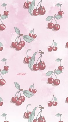 a pink background with cherries and leaves on it