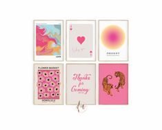 four greeting cards with the words, flowers, and hearts on them are hanging from a hook