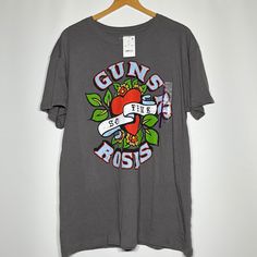 Nwt Woman’s Guns And Roses T-Shirt Streetwear Crew Neck T-shirt With Rose Print, Streetwear Rose Print Crew Neck T-shirt, Casual Rose Print Crew Neck T-shirt, Short Sleeve Rose Print Graphic Tee Tops, Cotton Graphic Tee With Rose Print, Casual Cotton T-shirt With Rose Print, Colorful Shirts, Roses, Womens Tops