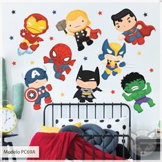 the avengers wall decals are on display in this child's bedroom