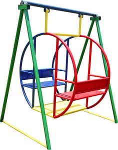 a colorful swing set with two swings and one seat on the bottom, against a white background