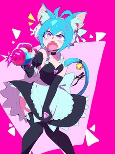 an anime character with blue hair and black dress holding a pink object in her hand