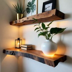 Wood Decoration Ideas, Wood Shelfs, Design Floating Shelves, Thick Floating Shelves, Branch Shelves, Mounted Bookshelves, Walnut Shelf, Walnut Floating Shelves, Wall Mounted Bookshelves