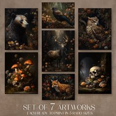 four paintings of animals and birds in the forest with mushrooms, mushrooms, and flowers