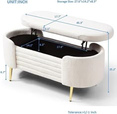 a white bench with measurements for the seat and footrests on it, sitting in front of a white background