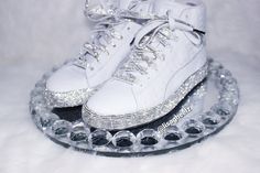 Lacy sneakers are constructed of rhinestones only. The bottom trimming of the shoe and the laces is covered in rhinestones. These are some of the most amazing sneakers you will ever see, wear, or own!!! The pictures you see here does not do the actual heels justice. These shoes are great for special occasions such as birthday, sweet 16, etc. If you want a pair of sneakers that will turn heads no matter when you wear them then look no further. This design can be customize to your liking, just be Rhinestone Sneakers, Birthday Sweet 16, Clothing Inspiration, Crystal Gems, Top Fabric, Inspiration Board, Custom Shoes, Eras Tour, Sweet 16