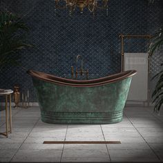 an old fashioned bathtub in the middle of a tiled floor