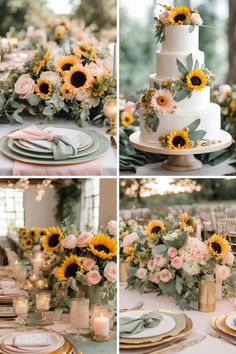 sunflowers and greenery decorate the centerpieces of this elegant wedding reception