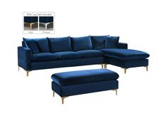 a blue sectional sofa with footstool and ottoman