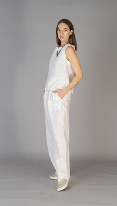 "Linen Outfit, set of 2 Items with 10% DISCAUNT. Full Length Wide Leg Linen Pants DORIAN + Sleeveless Linen Tank Top ARIA. Full Length Wide Leg Linen Pants DORIAN: https://www.etsy.com/listing/988056295/linen-floor-pants-dorian-linen-pants-for Sleeveless Linen Tank Top ARIA: https://www.etsy.com/listing/987721780/solid-linen-top-aria-white-sleeveless COLOR - choose on the right. SIZING & FIT This garment is true to size, and we recommend choosing the size you usually wear. If you want the garmen Casual Sleeveless Daywear Sets, Relaxed Fit Cotton Sleeveless Set, Sleeveless Relaxed Fit Sets For Spring, Relaxed Fit Sleeveless Sets For Spring, Casual Sleeveless Relaxed Fit Set, Casual Sleeveless Sets With Relaxed Fit, Casual Relaxed Fit Sleeveless Sets, Sleeveless Sets For Spring Daywear, Casual Sleeveless Linen Sets