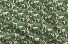 an animal print fabric with flowers and leaves on green background, suitable for wallpaper