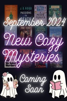 a poster for a new cozy mystery series coming soon, with ghost holding a book