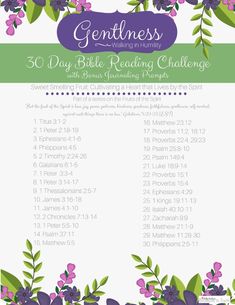 the 30 day bible reading challenge with purple flowers and green leaves on it, in front of