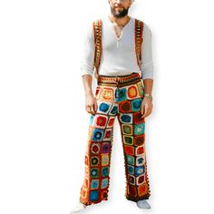 Crochet Retro Mens Pants 100% Hand Knitted  Please Choose the number of the crochet pants  style you like at check out  🎉🛍️ Get Ready for a Delightful Treat! 🛍️🎉 🌟 30% OFF SALE HAS BEGUN! 🌟 Step into a world of style with our exclusive sale. Grab your favorites now and save big while stocks last! 🚚 Shipping Details: 🕒 Estimated Delivery: 2-5 Business Days 🚀 Express Shipping on ALL Orders: US  CAN  UK  EU  UK 🇬🇧 See more of our Men's knit pants here:  https://www.etsy.com/shop/CHANDAKA Boho Outfit Men, Outfit Herren, Crochet Retro, Men Boho, Crochet Pants, Boho Men, Boho Outfit, Boho Clothes, Festival Pants