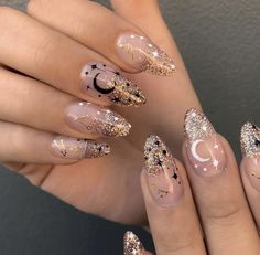 Moon And Stars Nails Art, Gold Witchy Nails, Nude Witchy Nails, Spring Equinox Nails, Fortune Teller Nails, Aquarius Nails Designs, Star And Moon Nails, Witchy Nail Designs, Starfall Ball