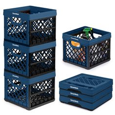 three blue crates with different types of items in them and one is empty, the other has