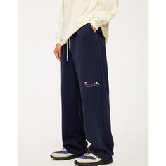 Fall Embroidered Wide-Leg Navy Blue Sweatpants  Material: 62% Cotton + 38% Polyester   Size: S, M, L, XL, Color: Navy Blue, Beige  Season: Spring, Fall,   Occasion: Leisure, Outdoor, Daily, Vacation,Fall Outfits Casual Embroidered Blue Pants, Blue Embroidered Straight Leg Bottoms, Embroidered Blue Straight Leg Pants, Blue Embroidered Straight Leg Pants, Blue Baggy Embroidered Bottoms, Embroidered Relaxed Fit Bottoms For Streetwear, Relaxed Fit Blue Embroidered Pants, Blue Embroidered Pants With Relaxed Fit, Casual Embroidered Pants For Loungewear