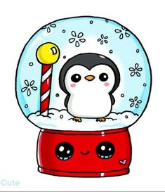 a penguin in a snow globe on top of a red stand with a yellow ball