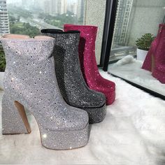 Get ready to strut your stuff in style with these chunky platform ankle boots! Embellished with rhinestones, zipper closure and a modern square toe, the Boots Queen Bryxin are perfect for any fashion-forward person. Handcrafted with a high heel, they will add sass to any outfit. And for all the Drag Queens out there, our Bryxin Queen Boots are a must-have! Upper Material: Synthetic Insole Material: PU Lining Material: Lycra Heel Type: Chunky heel Front Shape: Square toe Outsole Material: Rubber Silver Boots, Grey Boots, Drag Queens, Platform Ankle Boots, Modern Square, Chunky Platform, Chunky Heels, The Struts, High Heel