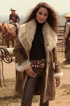 Georgia Leather Coat Classic Sheepskin Fur Coat With Faux Fur Trim, Classic Sheepskin Coat With Faux Fur Trim, Classic Leather Fur Coat, Luxury Belted Fur Coat For Fall, Classic Leather Fur Coat With Faux Fur Trim, Classic Leather Coat With Faux Fur Trim, Yellowstone Outfit Ideas, Yellowstone Fashion, Style Long Coat