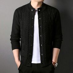 Men's Single Breasted Knit Cardigan Casual Stand Collar Slim Fit Sweater Jackets Male Sweaters, Slim Fit Sweater, Cardigan Casual, Mens Sweater, Classic Cardigan, Fisherman Sweater, Men's Jackets, Compression Pants, Cardigan Coat