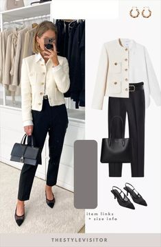 White Jacket Office Outfit, Elegant Slacks Outfit, Elegant Classic Outfits, Work Awards Night Outfit, Chic Work Outfits Women Summer, Black And White Business Outfit, Formal Business Woman Outfit, White Tweed Blazer Outfit, Chic Outfits For Work