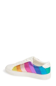 Metallic stripes pop on a smooth leather sneaker that delivers suave street style. Style Name:Kurt Geiger London Rainbow Shop Lane Rainbow Sneaker (Women). Style Number: 5856976. Available in stores. Rainbow Colored Sneakers With Rubber Sole For Spring, Spring Rainbow Sneakers With Rubber Sole, Trendy Multicolor Sneakers With Vulcanized Sole, Trendy Rainbow Synthetic Sneakers, Trendy Rainbow Colored Synthetic Sneakers, Rainbow Low-top Synthetic Sneakers, Multicolor Lace-up Sneakers With Removable Insole, Trendy Rainbow Low-top Sneakers, Rainbow Color Sporty Sneakers