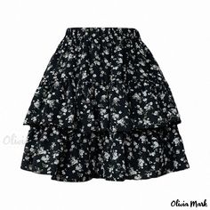 Olivia Mark - White Floral Mini Skirt with Lace, Bow Detail, and Ruffled Hem Apricot Flowers, Skirt With Lace, Floral Mini Skirt, Types Of Skirts, Bow Detail, Back To Black, Olivia Mark, A Line Skirts, Black Background