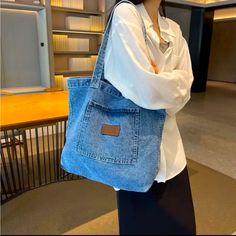 Nwt Large Canvas Tote Bag, Has One Pocket Inside And A Zip Pocket, With Magnetic Snap To Close Tas Denim, Denim Handbags, Denim Shoulder Bags, Beg Tangan, Denim Tote Bags, Women Shoulder Bag, Denim Tote, Denim Bag, Canvas Shoulder Bag