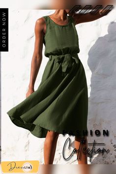 Women Solid Sleeveless Crew Neck Dress with Belt Crew Neck Dress, Crewneck Dress, Vintage Style Dresses, Dress With Belt, Style Dresses, Dresses Online, Hot Sale, Neck Dress, Vintage Style